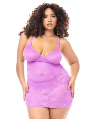 Babydoll grande taille dentelle violette et string 